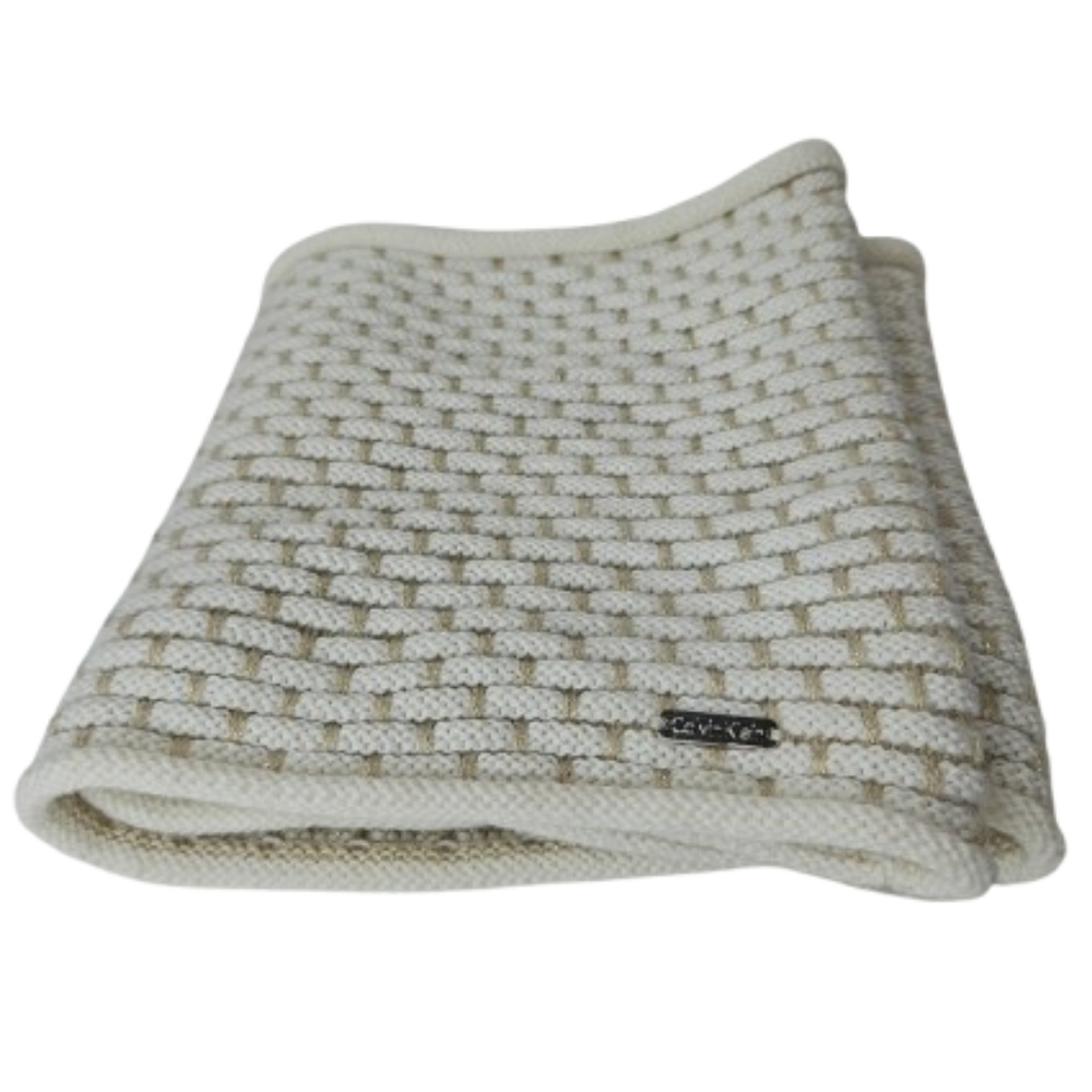 Calvin Klein Wool Knitting Scarf reversible FRINGED scarf, Gold Cream One Size